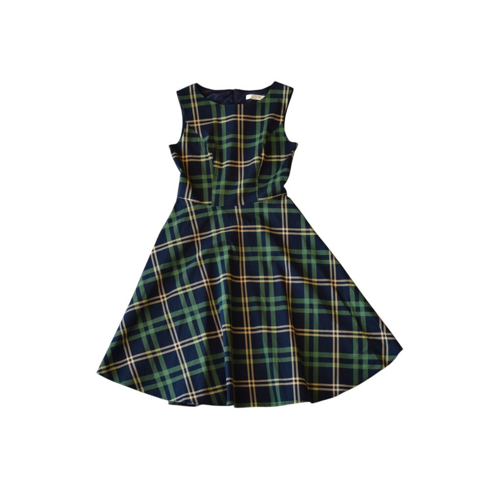 Navy Green Tartan Plaid Fit & Flare Dress Size Medium
